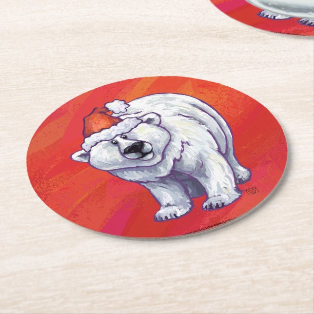 Polar Bären Weihnachten auf Rot Runder Pappuntersetzer (Angewinkelt)