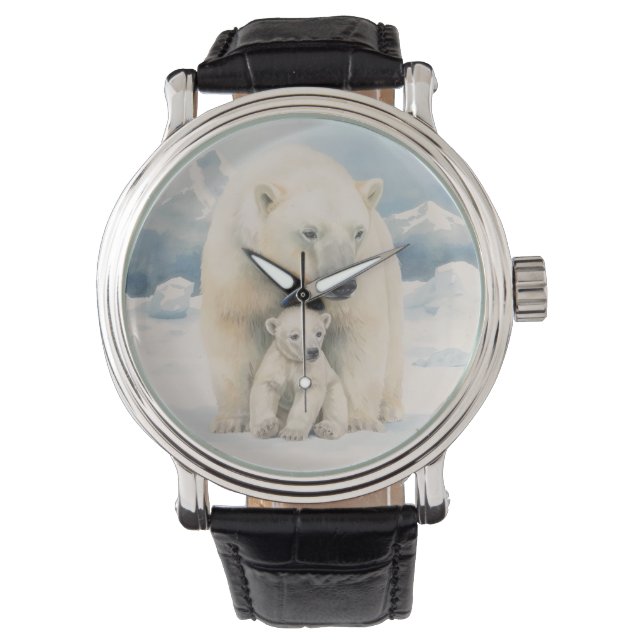 Polar Bear and Cub Arctic Elegante Armbanduhr (Vorderseite)