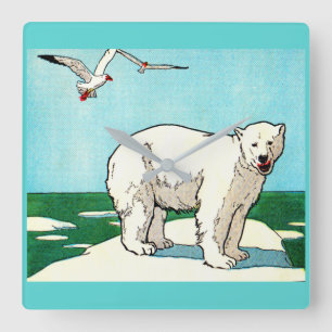 polar bear and seagulls quadratische wanduhr