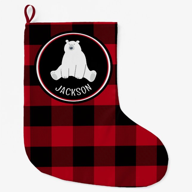 Polar Bear auf Black and Red Buffalo Kariert Großer Weihnachtsstrumpf (Vorderseite)