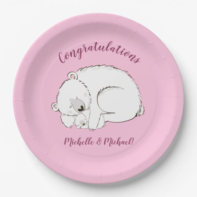 Polar Bear Baby Dusche Pink Girl Pappteller (Vorderseite)