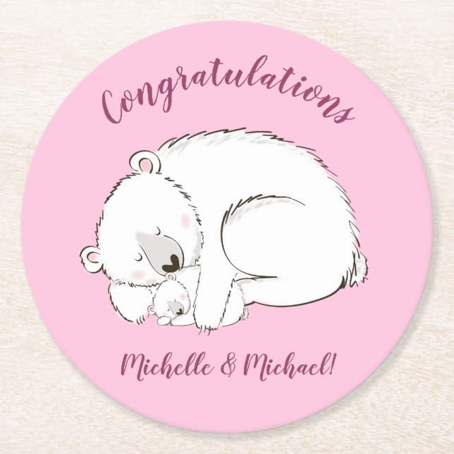 Polar Bear Baby Dusche Pink Girl Runder Pappuntersetzer (Vorderseite)