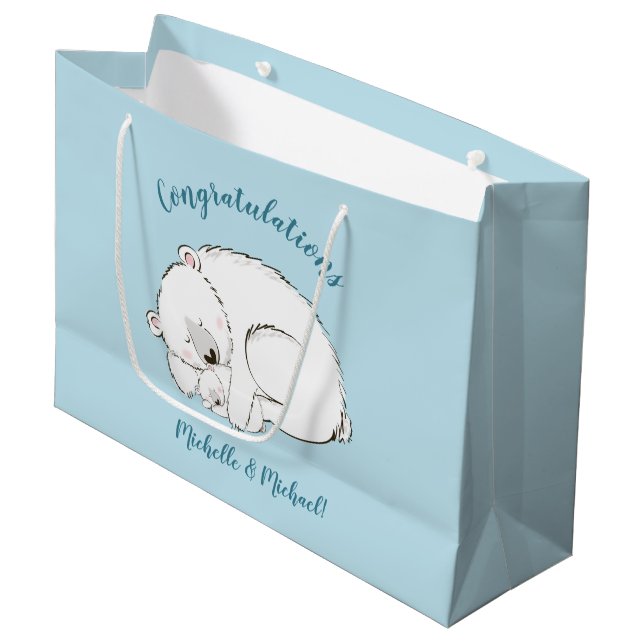 Polar Bear Baby Dusche Winter Blue Boy Große Geschenktüte (Vorderseite Schrägansicht)