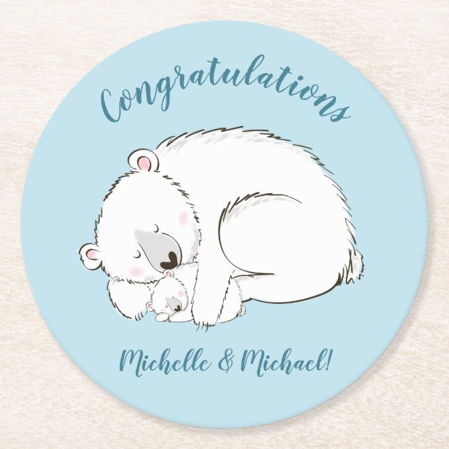 Polar Bear Baby Dusche Winter Blue Boy Runder Pappuntersetzer (Vorderseite)