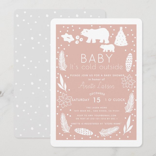 Polar Bear Baby It's Cold Outside Pink Baby Shower Einladung (Vorne/Hinten)