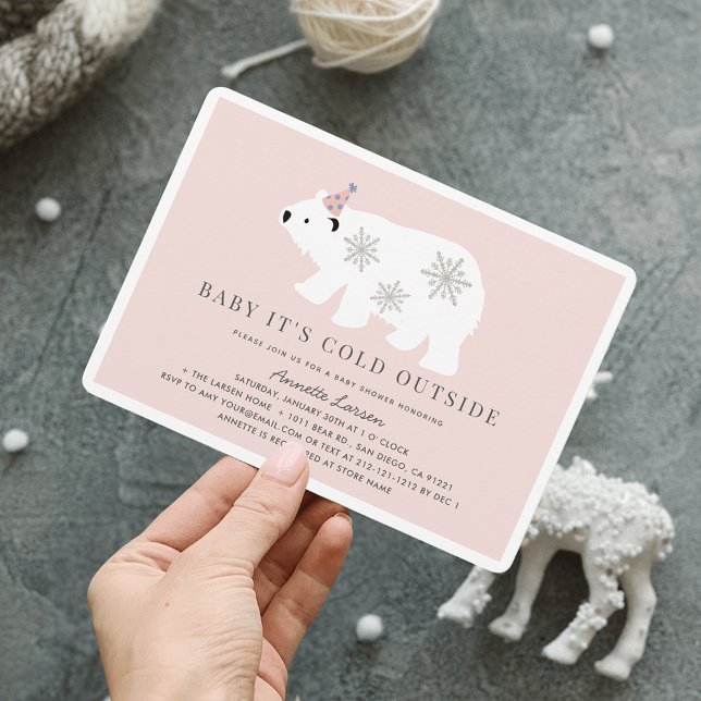Polar Bear Baby It's Cold Outside Pink Baby Shower Einladung (Von Creator hochgeladen)