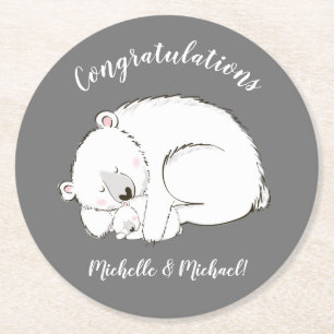 Polar Bear Baby Shower Winter Gray Gender Neutral Runder Pappuntersetzer