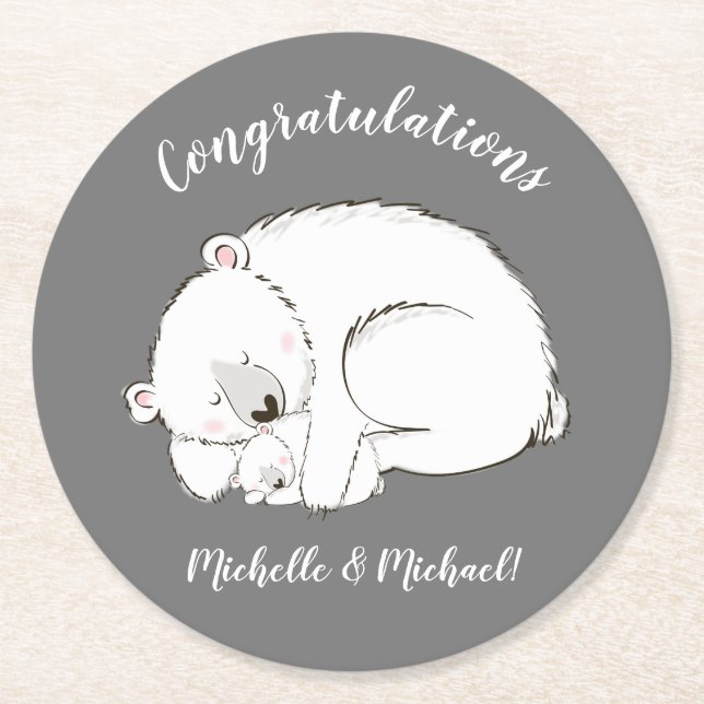 Polar Bear Baby Shower Winter Gray Gender Neutral Runder Pappuntersetzer (Vorderseite)