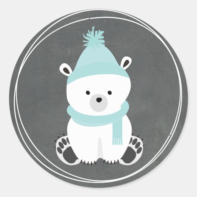 Polar Bear Chalkboard Inspiriert Blue Baby Dusche Runder Aufkleber (Vorderseite)