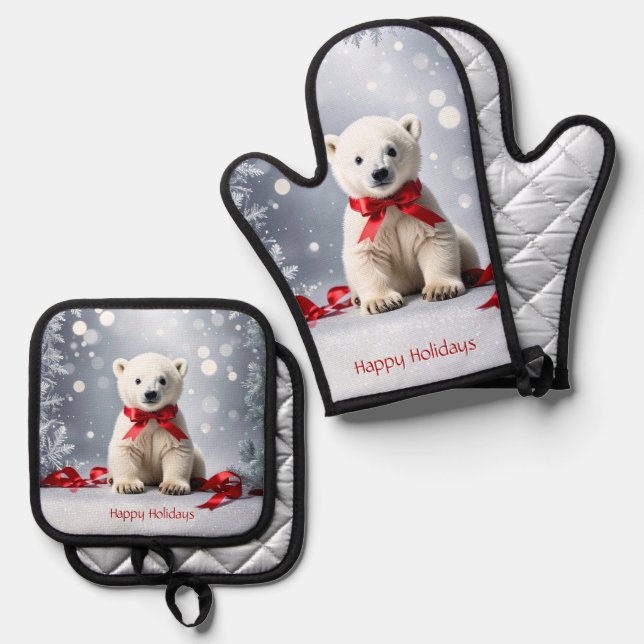 Polar Bear Christmas Ofenhandschuh & Topflappen-Set (Vorderseite/Rückseite)