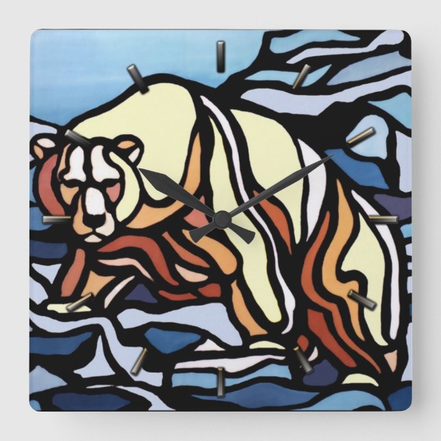 Polar Bear Clock Cooler Tribal Bären Kunstmauer Quadratische Wanduhr (Vorderseite)