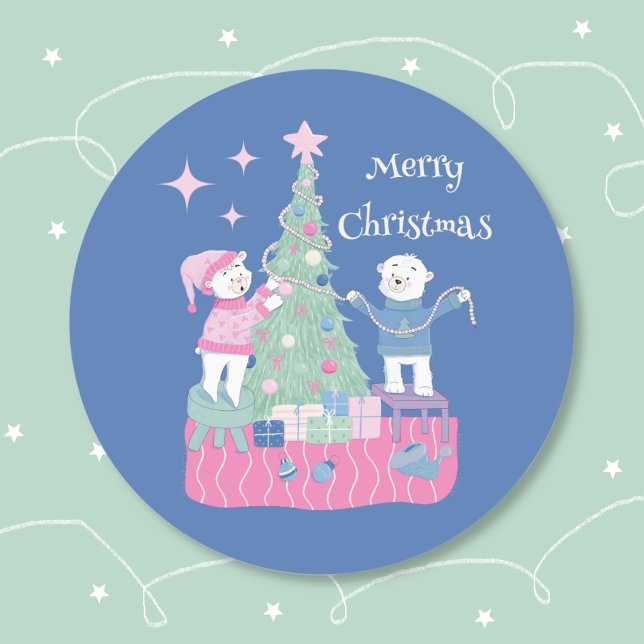 Polar Bear Cub Decoration Tree Blue Sticker (Cute Holiday blue round sticker with two polar bear cubs decorating a Christmas tree .)