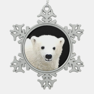 Polar Bear Cub Painting - Original Wildlife Art Schneeflocken Zinn-Ornament