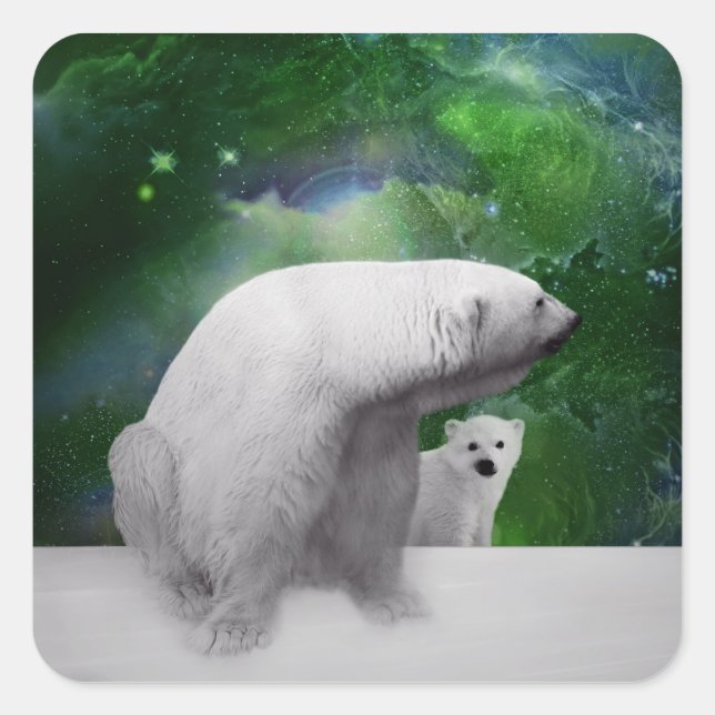 Polar Bear, cub und Northern Lights aurora Quadratischer Aufkleber (Vorderseite)