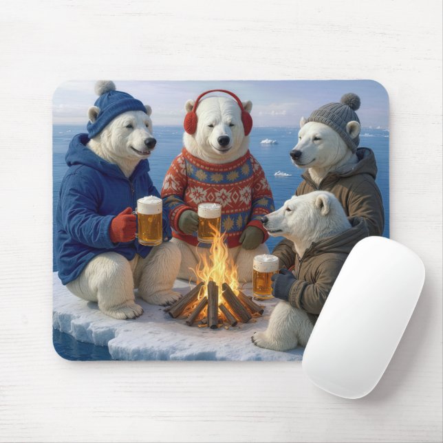 Polar Bear Drinking Around a Campfire  Mousepad (Mit Mouse)