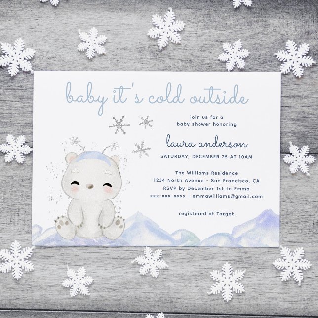 Polar Bear Es ist kalte Outside Winter Baby Dusche Einladung (Polar Bear Baby It's cold Outside Card with blue watercolor snowflakes. Image from freepik)