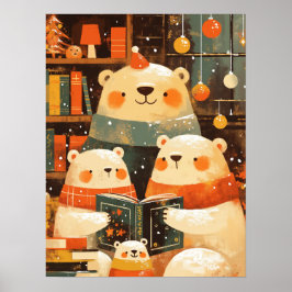 Polar Bear Family Reading Together on Christmas Poster
