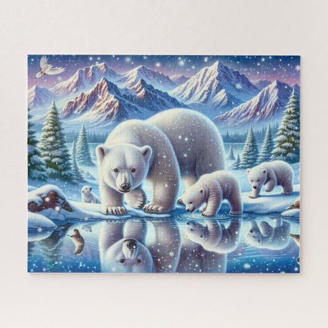 Polar Bear Family Snowy Scene Painting (Horizontal)