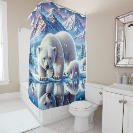 Polar Bear Family Snowy Scene Painting Duschvorhang