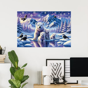 Polar Bear Family Snowy Scene Painting Poster
