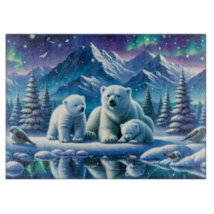 Polar Bear Family Snowy Scene Painting Schneidebrett