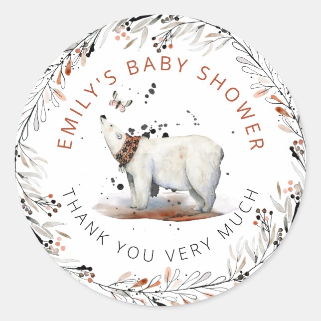 Polar Bear Foliage Winter Baby Dusche Vielen Dank Runder Aufkleber (Vorderseite)
