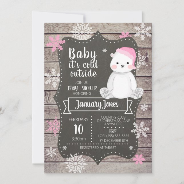 Polar Bear Girl Babydusche Einladung I Pink (Vorderseite)
