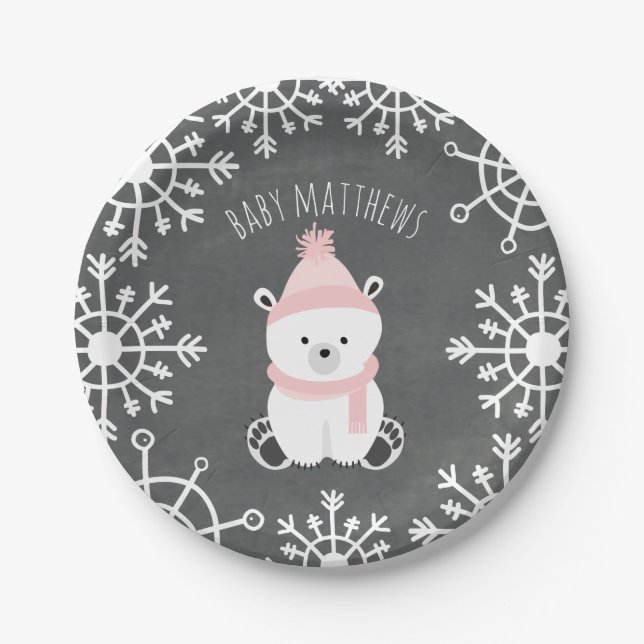 Polar Bear Girl Winter Baby Dusche Pappteller (Vorderseite)