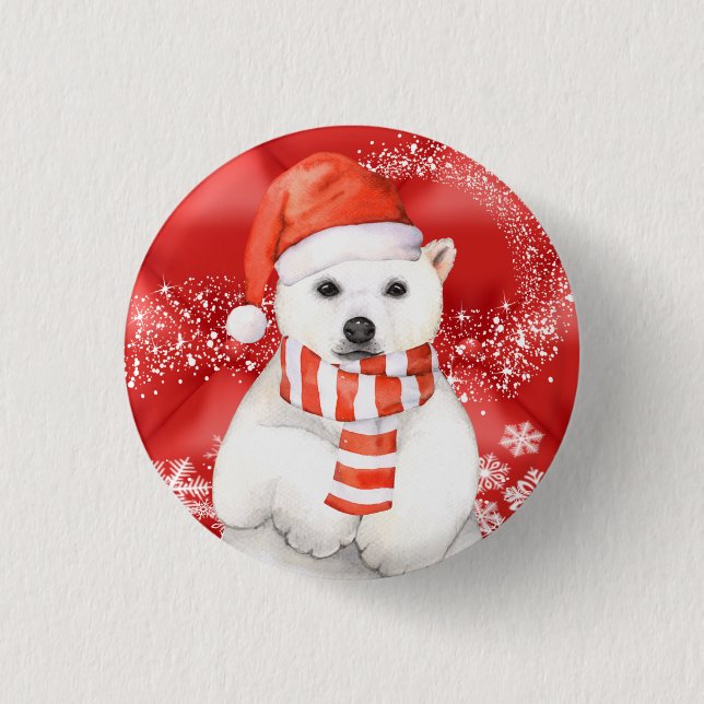 polar bear in a santa cap - snowflakes w white button (Vorderseite)