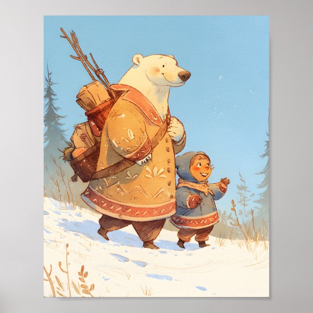 Polar Bear & Inuit Child Winter Nursery Poster (Vorne)