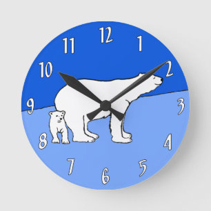 Polar Bear Mama and Cub Painting - Wildlife Art Runde Wanduhr