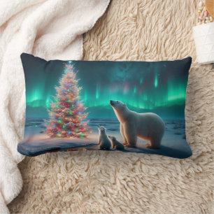 Polar Bear Mama Cubs Weihnachtsbaum Aurora Boreali Lendenkissen