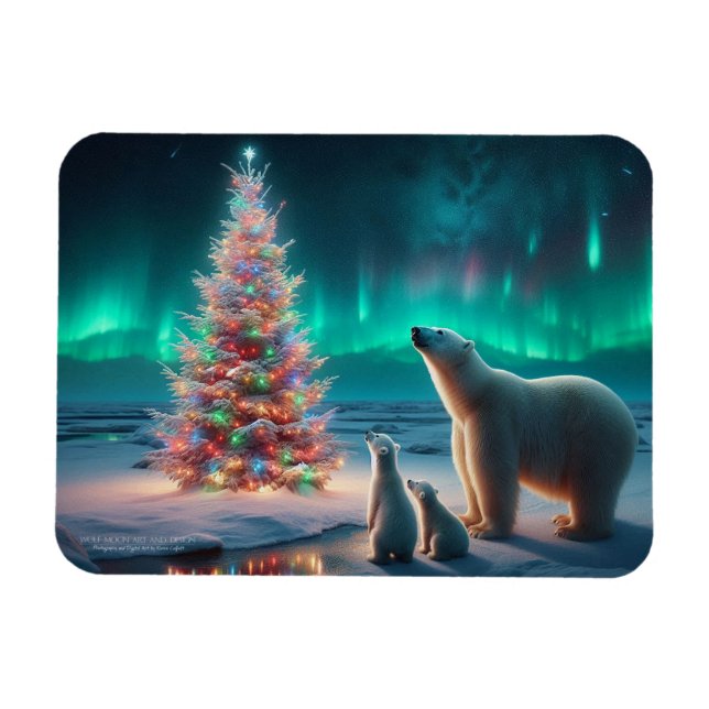 Polar Bear Mama Cubs Weihnachtsbaum Aurora Boreali Magnet (Horizontal)