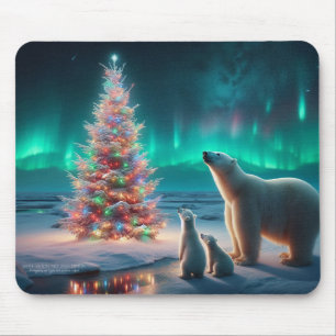 Polar Bear Mama Cubs Weihnachtsbaum Aurora Boreali Mousepad