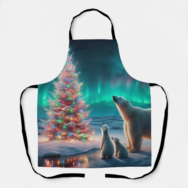 Polar Bear Mama Cubs Weihnachtsbaum Aurora Boreali Schürze (Vorderseite)