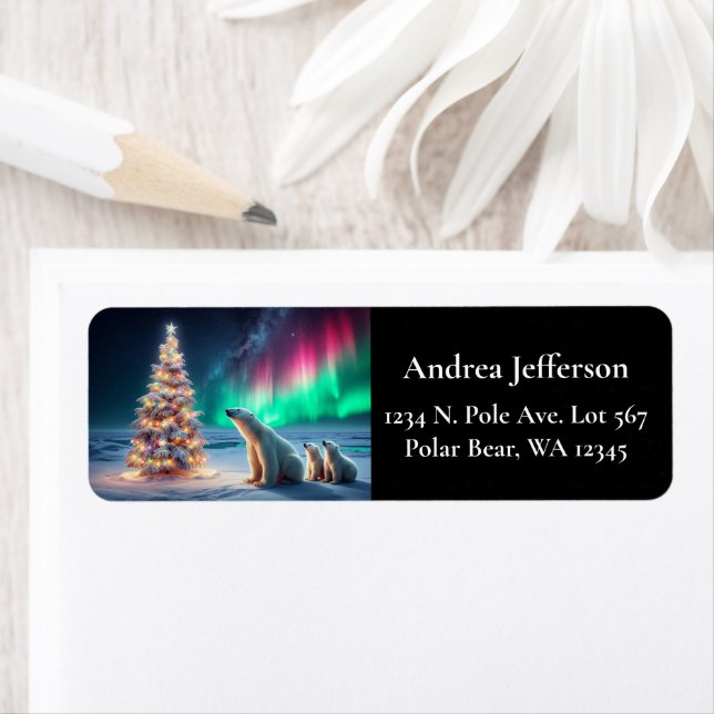 Polar Bear Mama Cubs Weihnachtsbaum Nordlichter (Insitu)