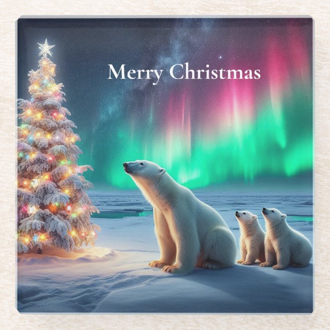 Polar Bear Mama Cubs Weihnachtsbaum Nordlichter Glasuntersetzer (Vorderseite)