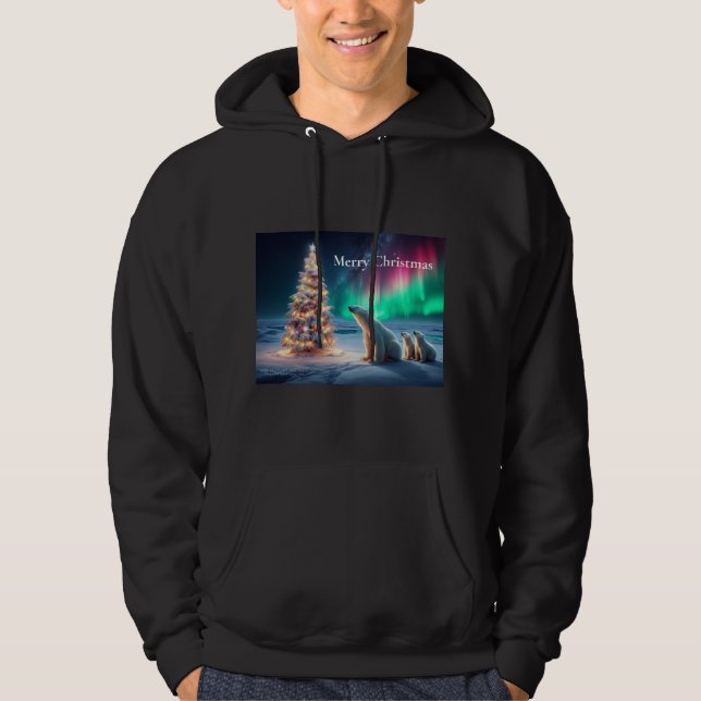 Polar Bear Mama Cubs Weihnachtsbaum Nordlichter Hoodie (Vorderseite)