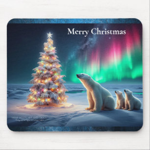 Polar Bear Mama Cubs Weihnachtsbaum Nordlichter Mousepad
