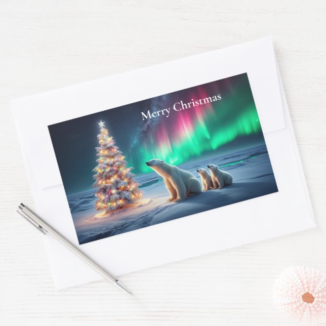 Polar Bear Mama Cubs Weihnachtsbaum Nordlichter Rechteckiger Aufkleber (Umschlag)