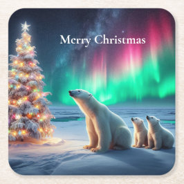Polar Bear Mama Cubs Weihnachtsbaum Nordlichter Rechteckiger Pappuntersetzer