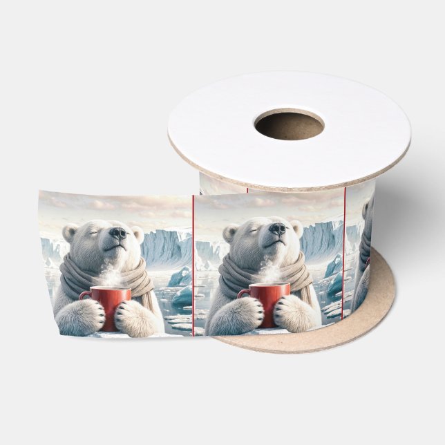 Polar Bear mit Red Coffee Tasse Satinband (Spule)