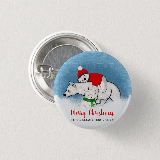 Polar Bear Mom With Cubs Merry Christmas Button (Vorne & Hinten)