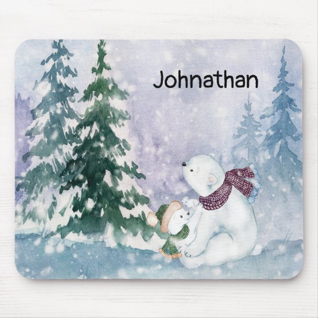 Polar Bear Mother and Baby with Snowy Landschaftli Mousepad (Vorne)