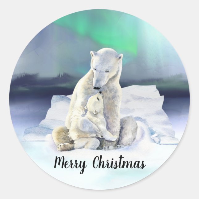 Polar Bear Mother & Baby Christmas Runder Aufkleber (Vorderseite)