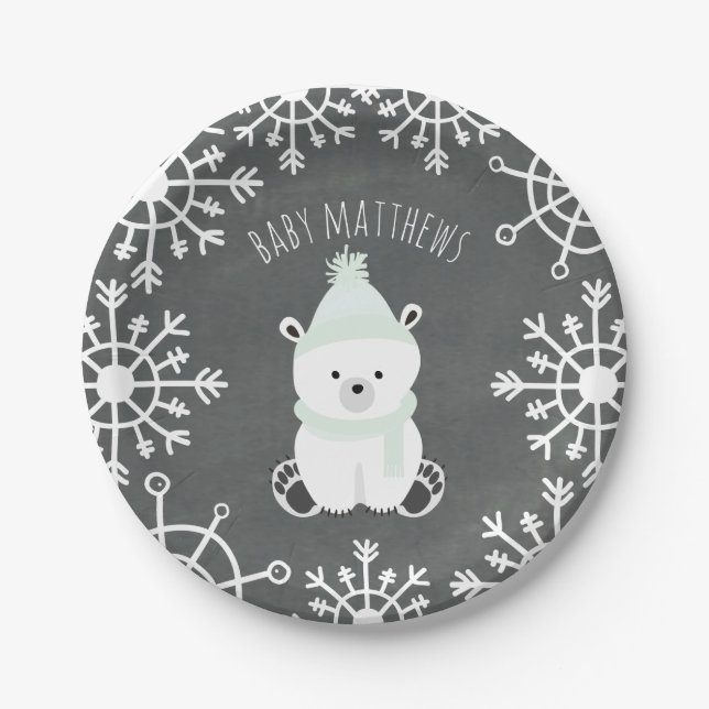 Polar Bear Neutral Winter Baby Dusche Pappteller (Vorderseite)