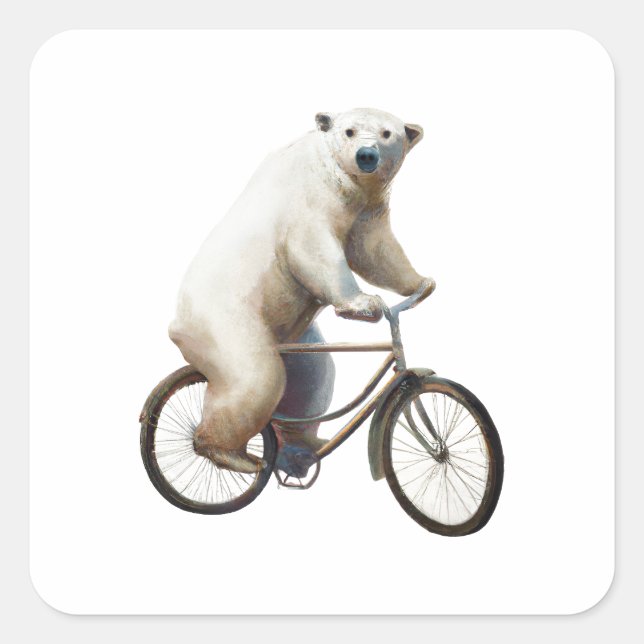 Polar Bear on Bicycle Quadratischer Aufkleber (Vorderseite)