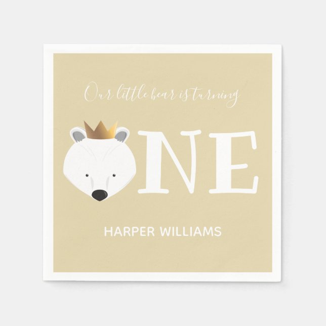 Polar Bear One Crown Animal First Birthday Serviette (Vorderseite)