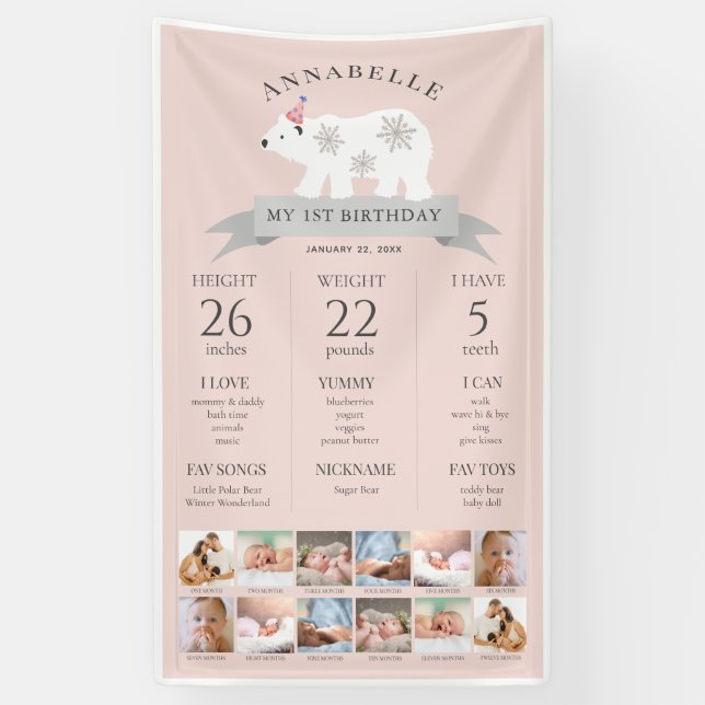 Polar Bear Pink 1. Geburtstag Meilenstein Timeline Banner (Vertikal)