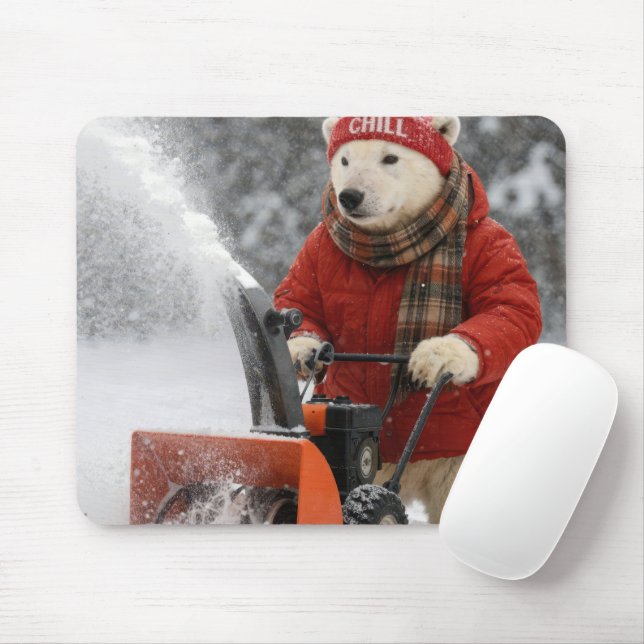 Polar Bear Pushing a Snowblower Mousepad (Mit Mouse)